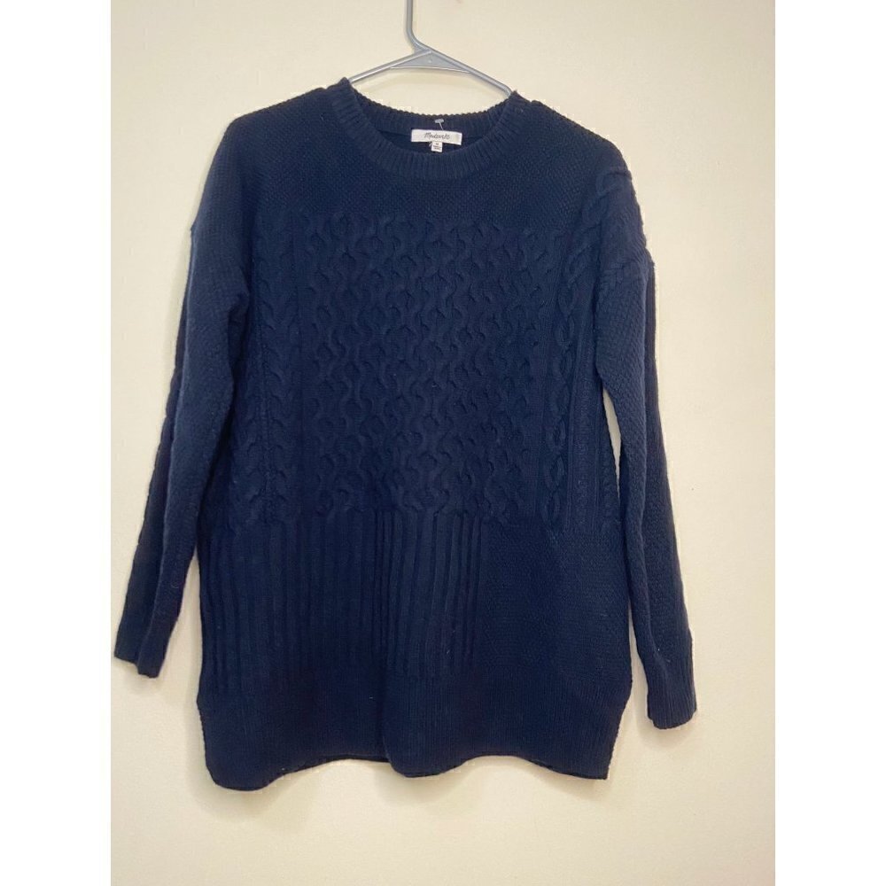 Madewell Wool Blend Patchwork Cableknit Tunic Sweater in Navy Blue Size Medium
